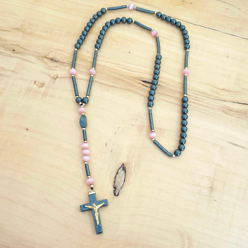 Vtg Hematite & Pink Rosary Prayer Beads Crucifix Cross Catholic Moonglow Opal